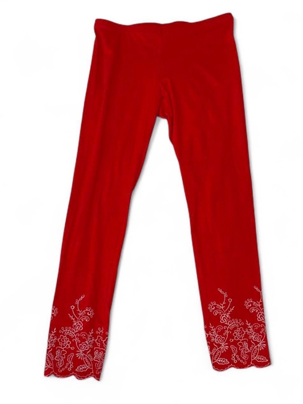 HUE Red Capri Leggings with White Embroidered Hem Medium Retro Style